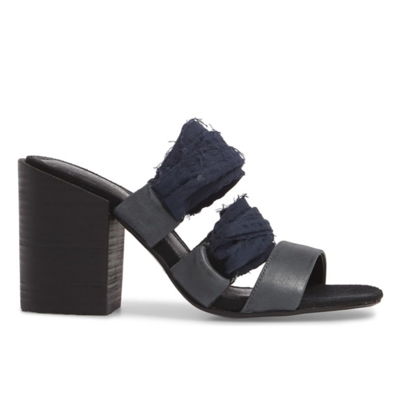 Leather/Fabric Frayed Block Heel Open Toe Mules - Picture 5 of 10